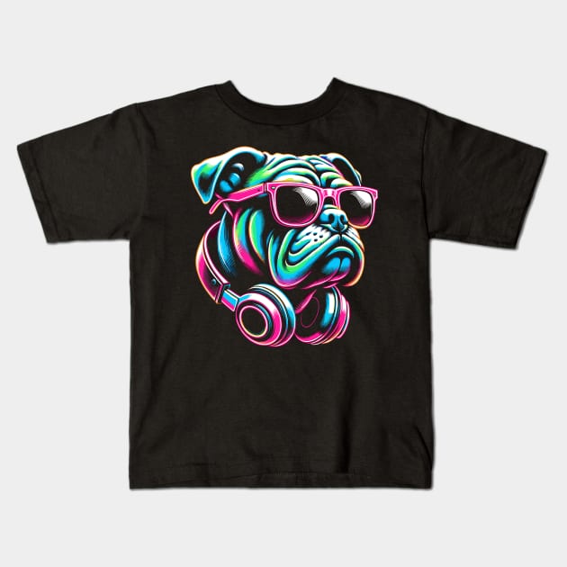 Bulldog With Sunglasses And Headphones Kids T-Shirt by Nerd_art